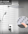 High Pressure 12 Inch Square Rain Shower System With Handheld, showing easy-clean spray holes and chrome valve trim