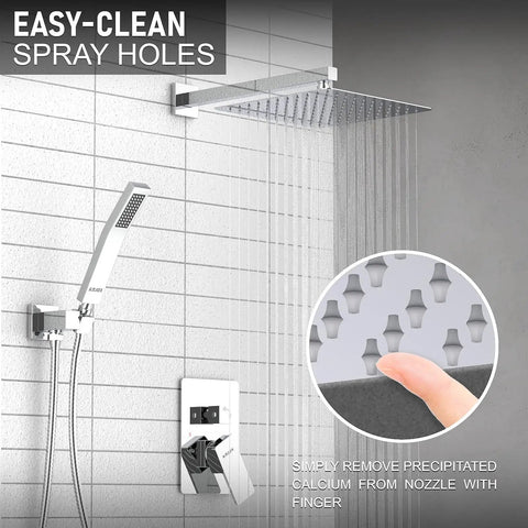 High Pressure 12 Inch Square Rain Shower System With Handheld, showing easy-clean spray holes and chrome valve trim