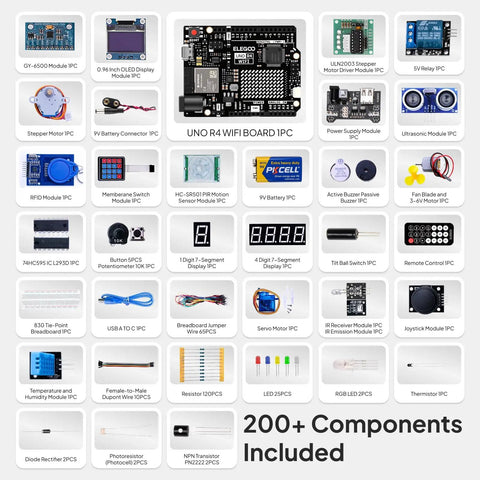 Uno R4 WiFi Starter Kit For Beginners That Plays Nice With Arduino IDE Includes 32 Bit Renesas RA4M1 Processor USB C Connectivity Built In WiFi And Bluetooth 8x12 LED Matrix Qwiic Connector For STEM Projects And Hands On Learning, 200+ components