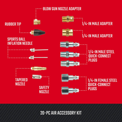 Image of 20 Piece Air Compressor Accessory Kit With Recoil Hose, Tire Inflator, Blow Gun, Brass Quick Connect Fittings And More for use.