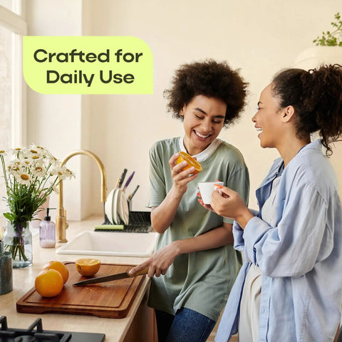 Top Shelf Wooden Cutting Boards For Kitchen Meal Prep And Serving With Deep Juice Groove And Sturdy Handles Real Deal Charcuterie Serving Tray And Tough Butcher Block For Steak Slicing And Daily Cooking Three Piece Set in use in kitchen with vibrant fruits.