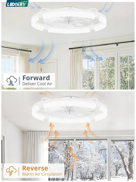 Straight Up Silent 24 Inch Low Profile Fandelier With App And Wireless Remote showing forward and reverse air circulation.
