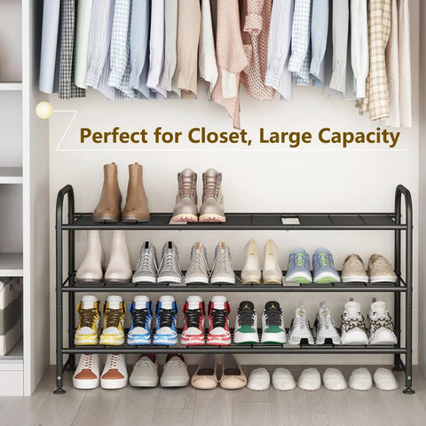 Heavy Duty Metal Shoe Rack With Three Long Shelves Holds Up To Twenty Four Pairs Straight Up Solid Entryway Organizer Built Tough For Sneakers Boots And Everyday Kicks Storage