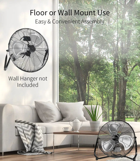 Heavy Duty 20 Inch Floor Fan With High Velocity Airflow, 3 Speeds And Adjustable Tilting Head, shown in a living room setting