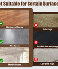 Chart showing Ultra Thin Rug Tape Set With 12 Reusable Sheets compatible with hardwood, tile, marble floors; unsuitable for jute, rubber-backed, low-pile rugs.