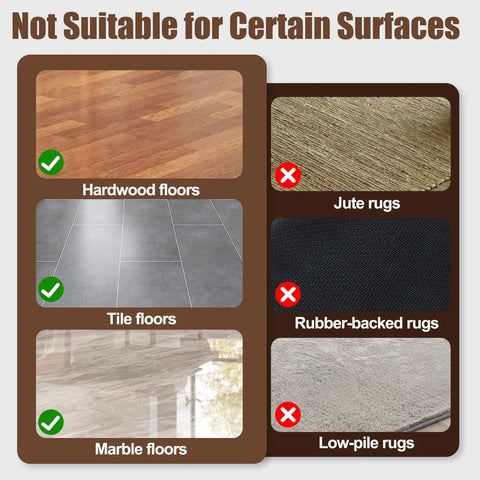 Chart showing Ultra Thin Rug Tape Set With 12 Reusable Sheets compatible with hardwood, tile, marble floors; unsuitable for jute, rubber-backed, low-pile rugs.