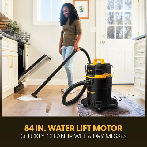 Person using 6 Gallon 4.5 Peak HP Wet Dry Vacuum With Self Cleaning Filter System For Beast Mode Suction 84 Inch Water Lift