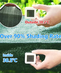 Hands holding thermometers showing temperature difference under 90 Percent Blackish Green Shade Cloth 6.5x10 Ft Beefy HDPE Shade Net