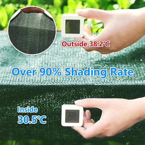 Hands holding thermometers showing temperature difference under 90 Percent Blackish Green Shade Cloth 6.5x10 Ft Beefy HDPE Shade Net