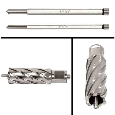 13-piece steel annular cutter set with two pilot pins for magnetic drill press; diameters from 7/16 to 1-1/16 in