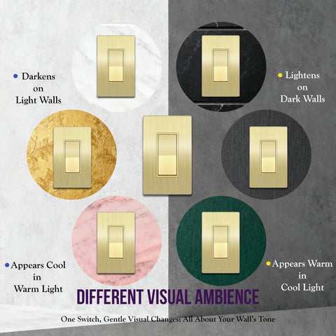 Elite Decorator Light Switch With Sleek Brushed Screwless Wall Plate, color variations against different wall tones