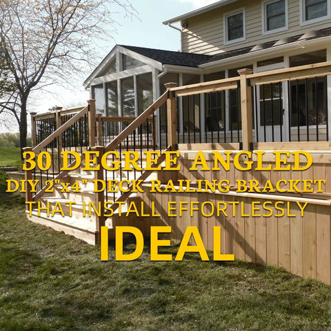 Step Up Your Outdoor Setup With These Real Deal Heavy Duty 30 Degree Stair Railing Brackets Concealed U Shape Connectors Black Hidden Hardware Fits 2 By 4 Lumber Strong Deck Hold, showing angled brackets on a wooden deck.
