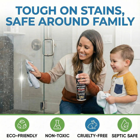 Woman using Hard Water Spot Remover For Glass Spotless X2 No Scrubbing Easy On Shower Doors Car Windows And Windshields Professional Strength 16 Ounce Removes Years Of Mineral Deposits Lime Scale Stains And Leaves Glass Sparkling Clean on shower door with child nearby.