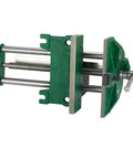 Heavy Duty Quick Release Bench Vise With Nine Inch Jaws And Front Lever for secure clamping, featuring green cast iron structure.