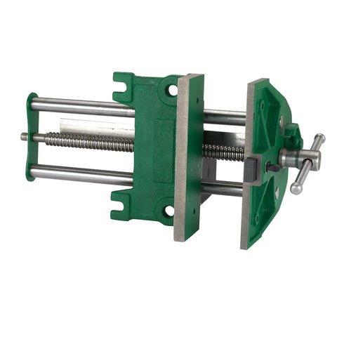 Heavy Duty Quick Release Bench Vise With Nine Inch Jaws And Front Lever for secure clamping, featuring green cast iron structure.