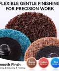 Three grit nylon nonwoven discs for deburring, grinding, and polishing, including a roll lock holder for tight space finishing.