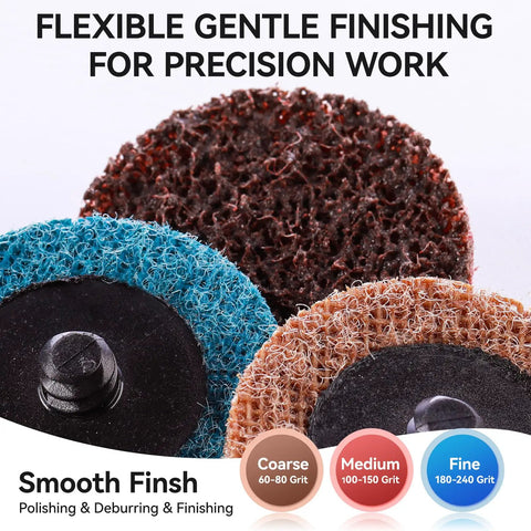 Three grit nylon nonwoven discs for deburring, grinding, and polishing, including a roll lock holder for tight space finishing.