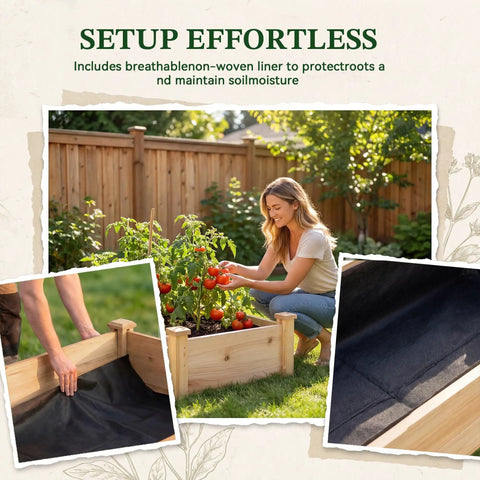 Woman tending to plants in 8x2ft Outdoor Wooden Raised Garden Bed With Elevated Planter Box For Veggies And Herbs Large Plant Space