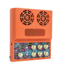 Rechargeable Tiny 20W Guitar Amp For Desktop Practice With Distortion Delay Aux In And Headphone Jack Stereo 2x10W 4 Ohm Speakers Portable CA100G For Home Studio Use, featuring vibrant orange design with dual speakers and control knobs.