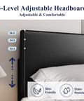 Queen Size Faux Leather Bed Frame With Adjustable Headboard In Sleek Black showcasing 3-level adjustable headboard for comfort.