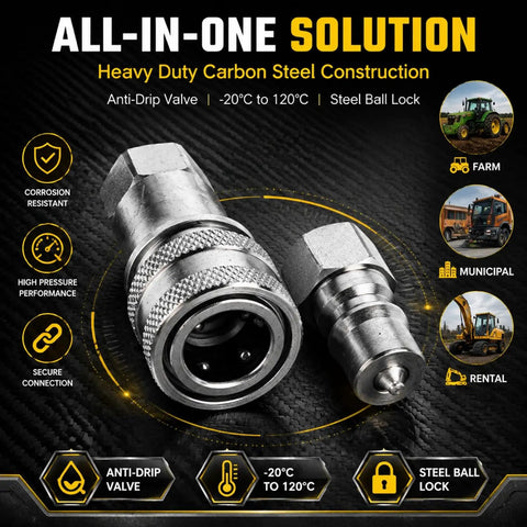 Heavy Duty Hydraulic Quick Connect Coupler M14x1.5 Female Thread Pipe Fitting Pair, carbon steel with anti-drip valve.
