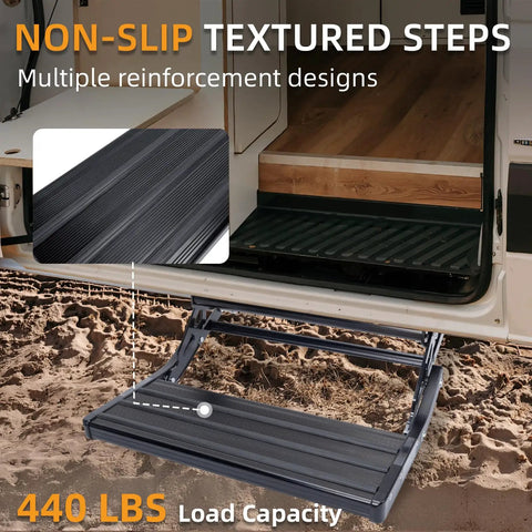 One Step Manual Foldable Step For Campers And Trailers, 1 Step Aluminum Alloy Retractable Stair With Thickened Steel Plate, Non Slip Surface, 440 Lbs Load Capacity, Black, beefy built for campers and travel trailers installed on RV entry