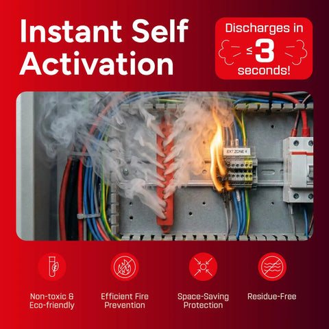 Heat Activated Automatic Fire Suppressant Aerosol Extinguisher Unit For Pickup Truck Rv Camper And Home Garage Instant Trigger setup shown with smoke and flames.
