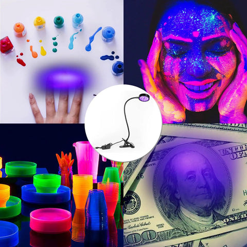 USB Powered UV LED Black Light Clamp Lamp with Gooseneck, 5W, 395nm illuminating nails, UV art, glowing objects, and currency verification.