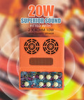 Rechargeable Tiny 20W Guitar Amp For Desktop Practice With Distortion Delay Aux In And Headphone Jack Stereo 2x10W 4 Ohm Speakers Portable CA100G For Home Studio Use, featuring detailed control knobs and vivid orange casing.