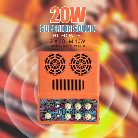 Rechargeable Tiny 20W Guitar Amp For Desktop Practice With Distortion Delay Aux In And Headphone Jack Stereo 2x10W 4 Ohm Speakers Portable CA100G For Home Studio Use, featuring detailed control knobs and vivid orange casing.