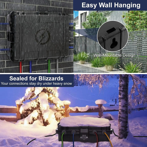 Heavy Duty Large Outdoor Electrical Box IP54 Waterproof Weatherproof 12x9x5 Inch Box Built To Handle 8 Cable Ports Protecting Power Strips, Extension Cords, Surge Protectors, Timers, Large Adapters And Above Ground Pool Accessories. Wall-mounted black outdoor electrical box in rain and snow