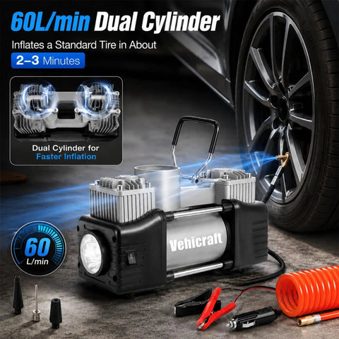 This slick 12V Tire Inflator Is A Total Game Changer With Its Fast Dual-Cylinder Pump That Delivers Up To 150 PSI Of Rock Solid Air Pressure For Your Car, Truck, SUV Or RV Making It The Ultimate Portable Emergency Tool Everyone Needs
