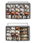 Top view of a Space Saving Shoe Organizer For Closet With Clear Cover And Reinforced Handles Fits 20 Pairs In Black Measuring 26.5 By 16.5 By 13 Inches Foldable And Durable So It Keeps Your Shoes Neat In Your Bedroom Dorm Or Garage.