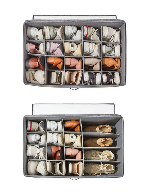 Top view of a Space Saving Shoe Organizer For Closet With Clear Cover And Reinforced Handles Fits 20 Pairs In Black Measuring 26.5 By 16.5 By 13 Inches Foldable And Durable So It Keeps Your Shoes Neat In Your Bedroom Dorm Or Garage.