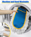 Heavy Duty Industrial 39 Inch Dust Mop For Wet Dry Floor Cleaning With 2 Cotton Mop Pads being placed in a washing machine.