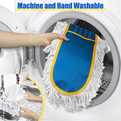 Heavy Duty Industrial 39 Inch Dust Mop For Wet Dry Floor Cleaning With 2 Cotton Mop Pads being placed in a washing machine.
