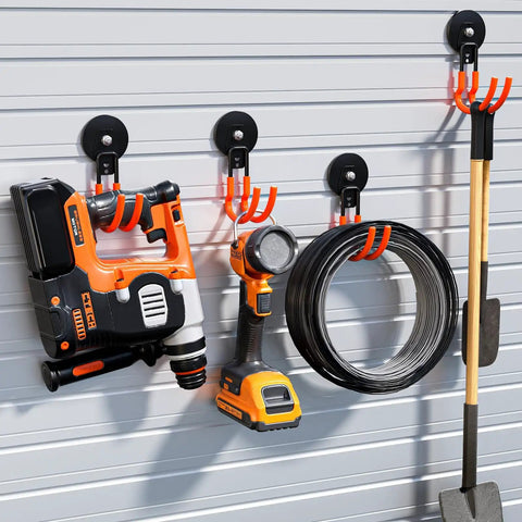 Beefy Magnetic Hooks For Metal Surfaces With Anti Slip Coating Perfect For Heavy Duty Garage Organization Hooks Cabinets Pegboards Shelves And Garden Tools Cables Ladders And Power Tools installed on metal wall holding tools