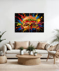 Eight Piece Peel And Stick Sound Absorbing Acoustic Panels Featuring Kitschy Burger Artwork in a modern living room setting.