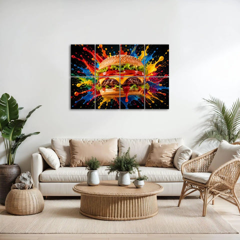 Eight Piece Peel And Stick Sound Absorbing Acoustic Panels Featuring Kitschy Burger Artwork in a modern living room setting.