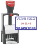 Heavy Duty Self Inking Date Stamp Offering Custom Two Line Settings With Dual Blue And Red Pads For Crisp Prints And Zero Mess Setup viewed from the side, showing custom text and date.