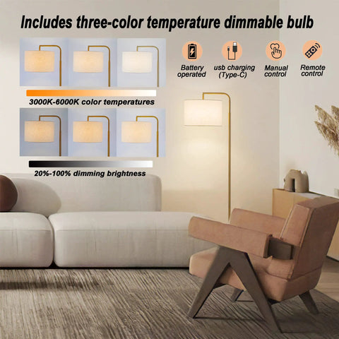 Cordless Battery Powered Floor Lamp With Remote Control, Dimmable Arc Standing Lamp in living room, adjustable brightness