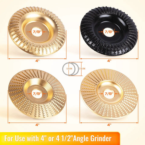 Wood Shaping Disc Set For 4 Inch Or 4 1/2 Inch Angle Grinders With 5/8 Inch Arbor, 4 Pack in gold and black, 7/8 inch arbor