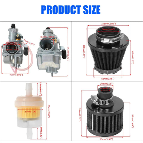 VM22 26mm Carburetor Kit Replacement For Predator 212cc Engines And Compatible Mini Bike Go Kart Models product size dimensions chart