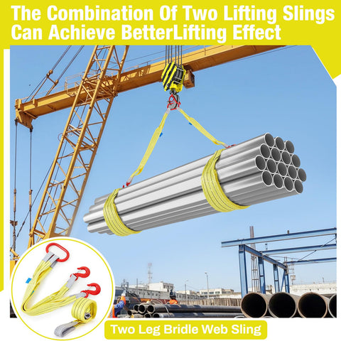 Heavy Duty 2 Piece Web Sling Set With Two Leg Bridle Straps And Twist Eye Lift Hooks For Hoists Cranes Multi Point Load