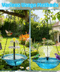 Hanging Sun Powered Bird Bath Fountain With 3 Layer Cascading Design And 3 Nozzles Blue Glass Bowl in garden setting