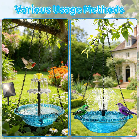 Hanging Sun Powered Bird Bath Fountain With 3 Layer Cascading Design And 3 Nozzles Blue Glass Bowl in garden setting