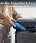 HARDELL cordless rotary tool, blue, used to engrave or sand a gray backpack.