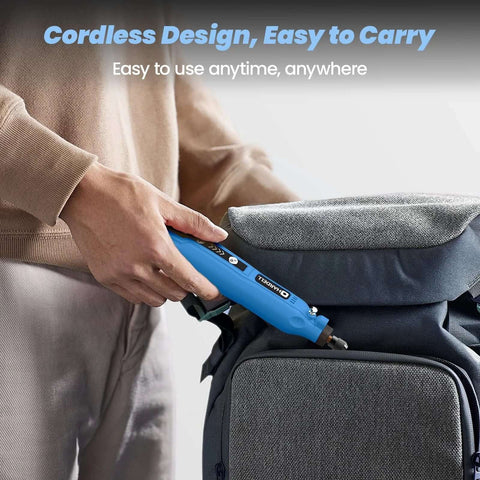 HARDELL cordless rotary tool, blue, used to engrave or sand a gray backpack.