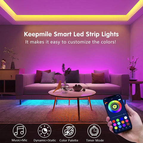 Living room with 50ft Music Synchronized LED Strip Lights For Bedroom And Home Decor, Smart App Control shown on phone.