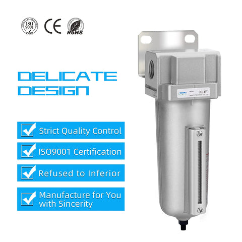 Beefed Up Industrial Grade Heavy Duty Particulate Filter With Metal Bowl Auto Drain For Paint Spray Systems One Half Inch NPT 5 Micron
